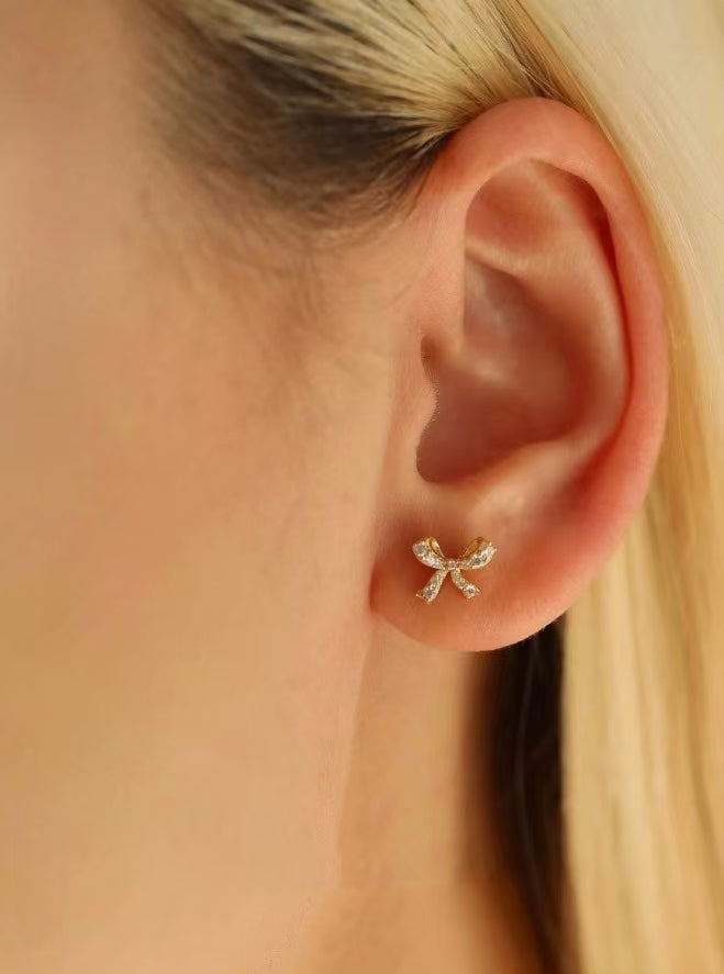 S925 sterling silver 14K gold finish - bow stud earrings