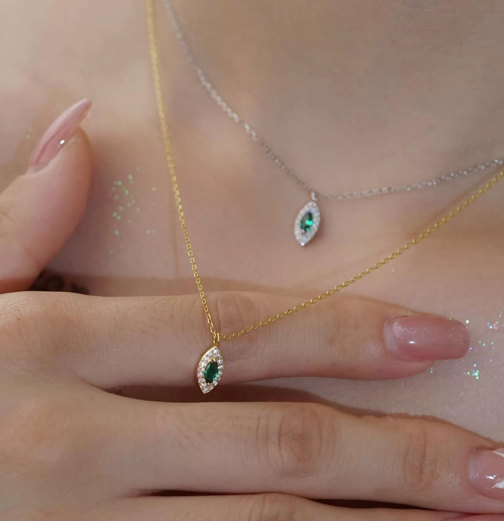 S925 sterling silver 14K gold finish - oval green stone pendant necklace