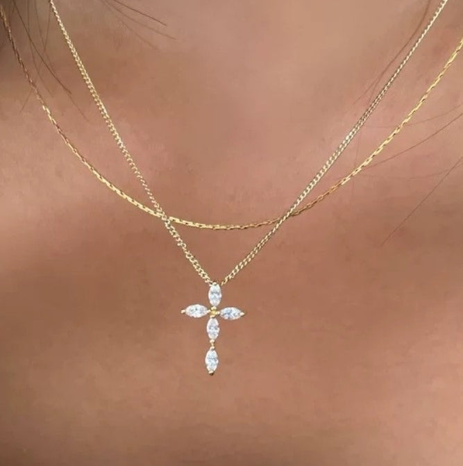 S925 sterling silver 14K gold finish - jewel cross necklace