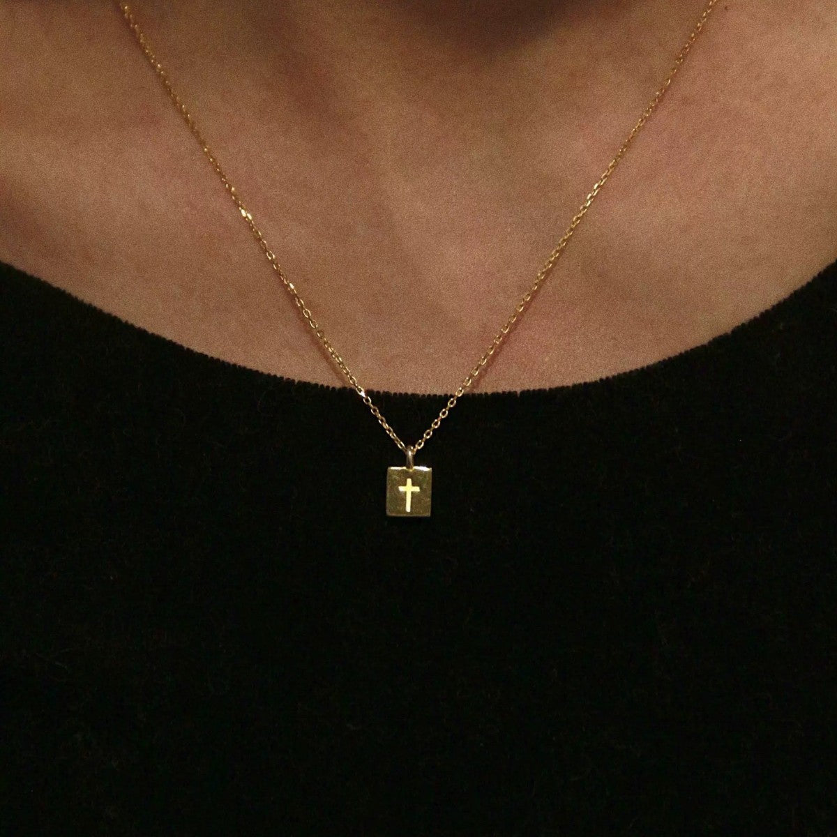 S925 sterling silver 14K gold finish - rectangular cross necklace