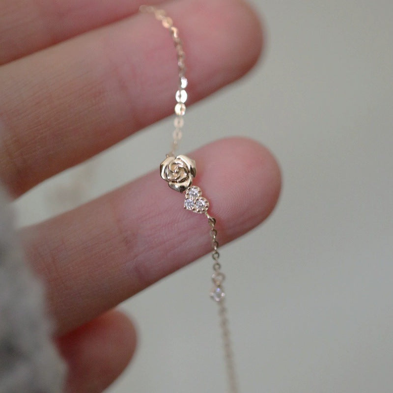 925 sterling silver 14K gold finish - rose and heart dangle bracelet