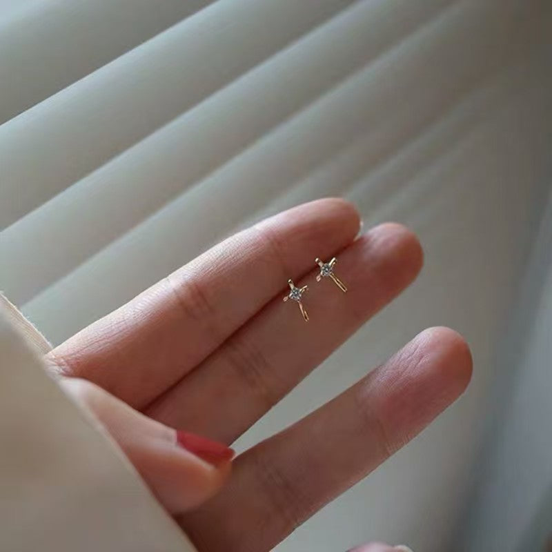S925 sterling silver 14K gold finish - cross earrings with white zirconium