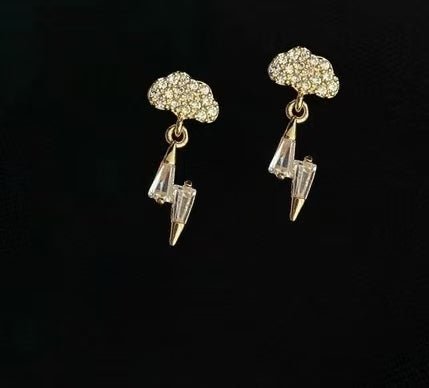 925 sterling silver 14K gold finish - cloud and lightning dangle stud earrings