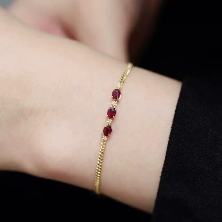 S925 sterling silver 14K gold finish - triple red garnet zirconia bracelet
