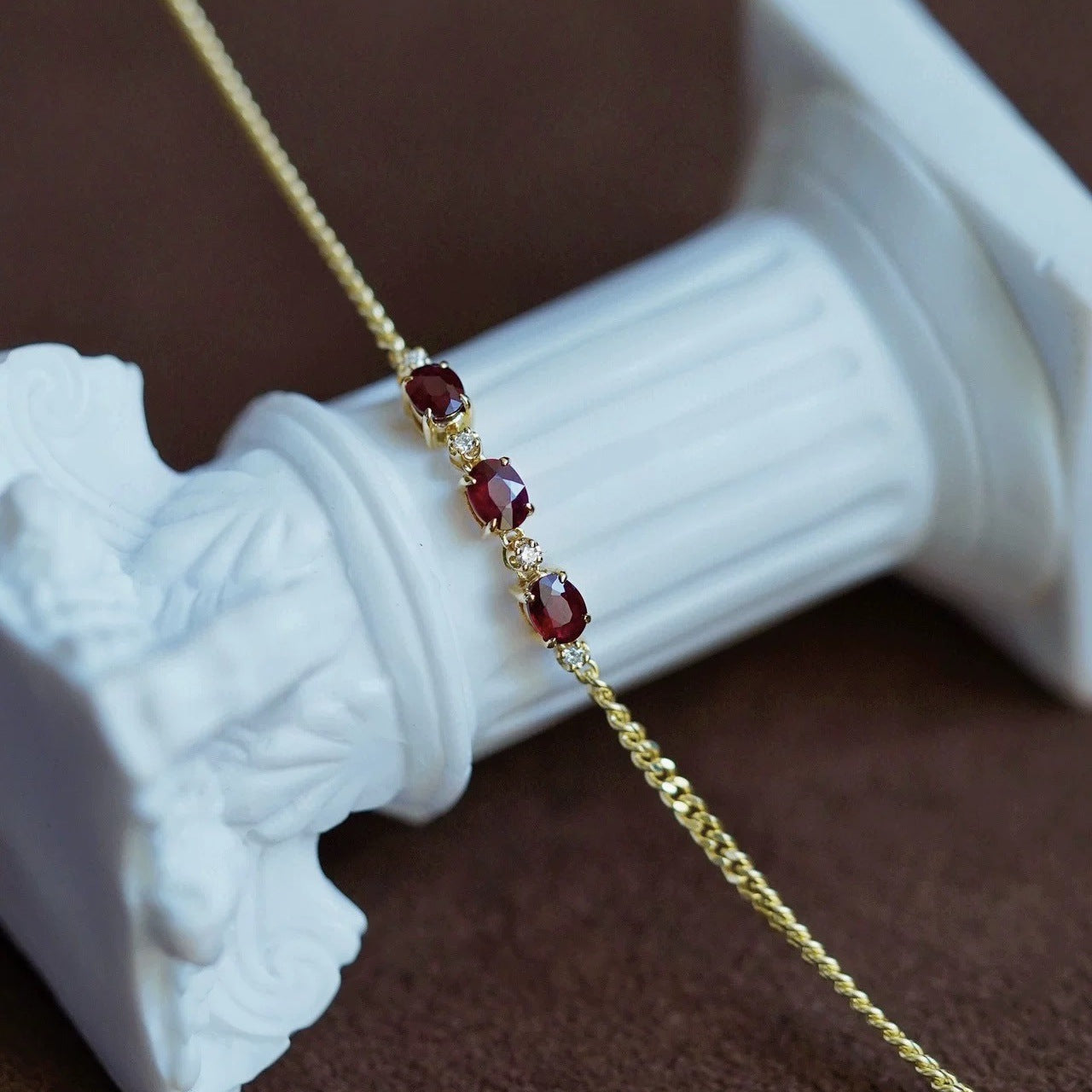 S925 sterling silver 14K gold finish - triple red garnet zirconia bracelet