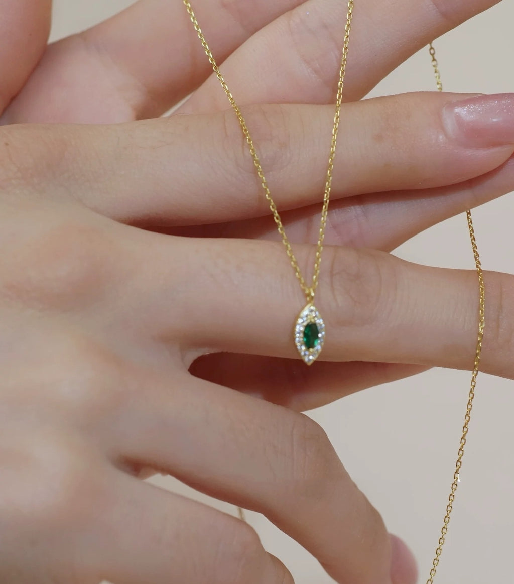 S925 sterling silver 14K gold finish - oval green stone pendant necklace