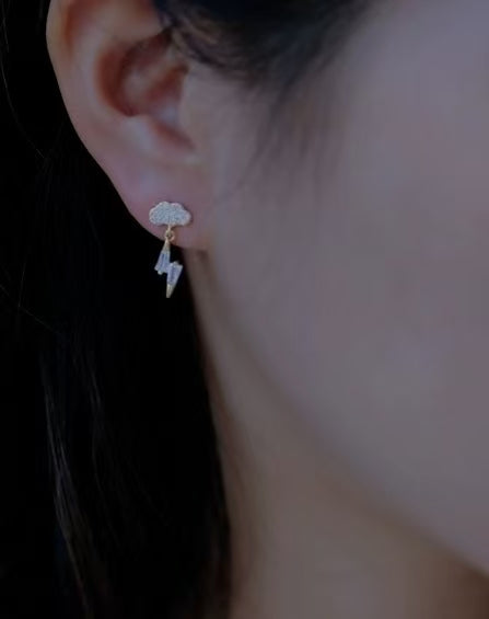 925 sterling silver 14K gold finish - cloud and lightning dangle stud earrings
